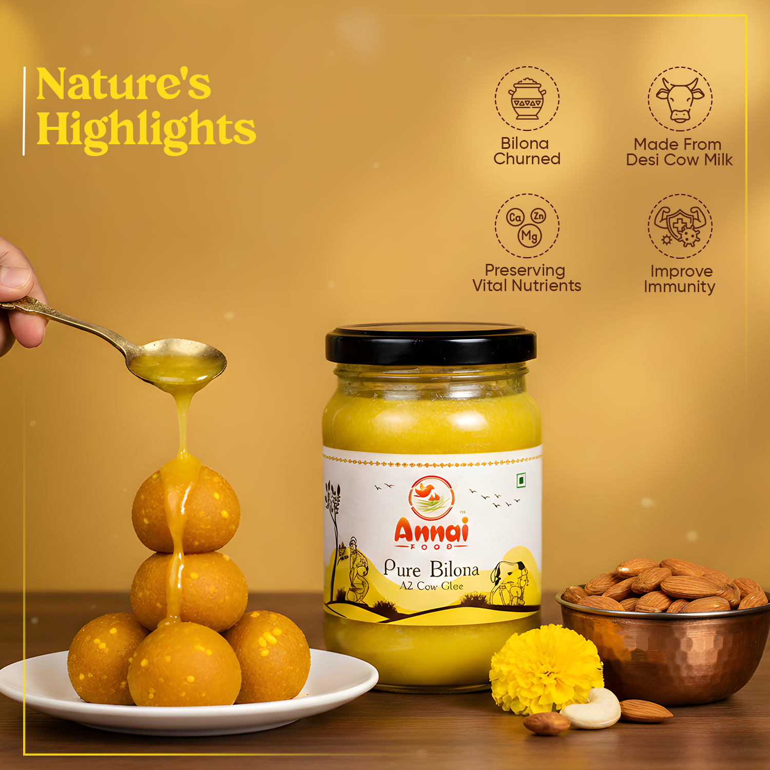 Annai Food Pure Bilona A2 Cow Ghee 250ml Glass Bottle